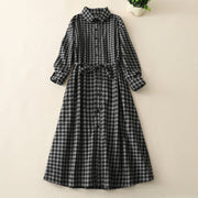 Buddha Stones Black Lace-Up Design Plaid Lapel Cotton Linen Midi Dress With Pockets - Black - US8-10，UK/AU12-14，EU40-42 (2XL) - image 1