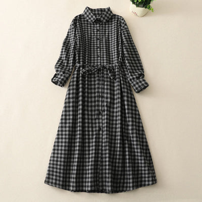 Buddha Stones Black Lace-Up Design Plaid Lapel Cotton Linen Midi Dress With Pockets - Black - US8-10，UK/AU12-14，EU40-42 (2XL) - image 1