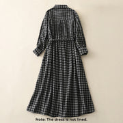 Buddha Stones Black Lace-Up Design Plaid Lapel Cotton Linen Midi Dress With Pockets - image 2