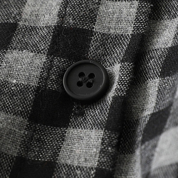 Buddha Stones Black Lace-Up Design Plaid Lapel Cotton Linen Midi Dress With Pockets - image 6