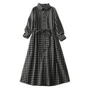 Buddha Stones Black Lace-Up Design Plaid Lapel Cotton Linen Midi Dress With Pockets - image 12