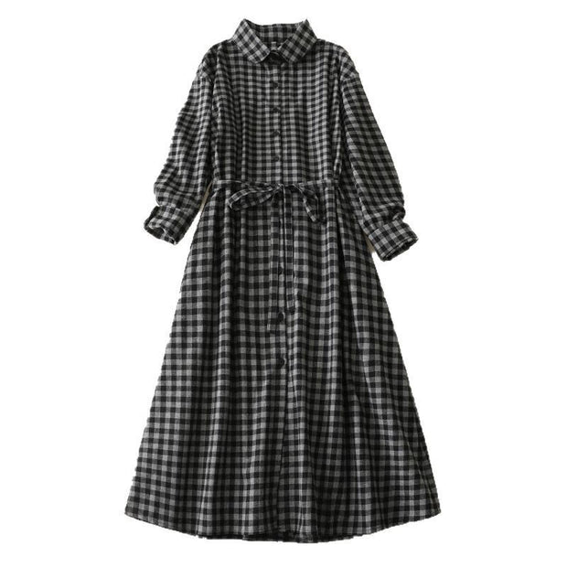 Buddha Stones Black Lace-Up Design Plaid Lapel Cotton Linen Midi Dress With Pockets - image 12