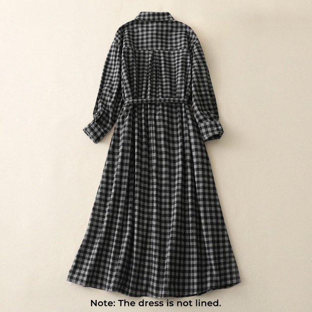 Buddha Stones Black Lace-Up Design Plaid Lapel Cotton Linen Midi Dress With Pockets - image 2