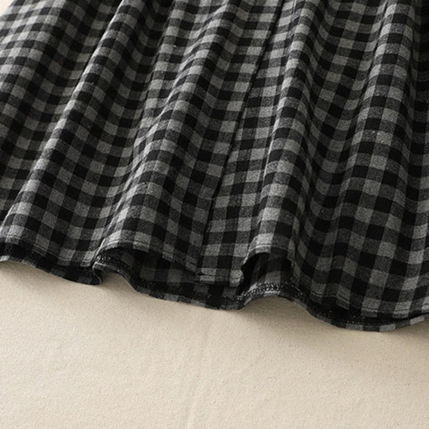 Buddha Stones Black Lace-Up Design Plaid Lapel Cotton Linen Midi Dress With Pockets - image 11