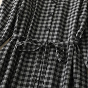 Buddha Stones Black Lace-Up Design Plaid Lapel Cotton Linen Midi Dress With Pockets - image 5