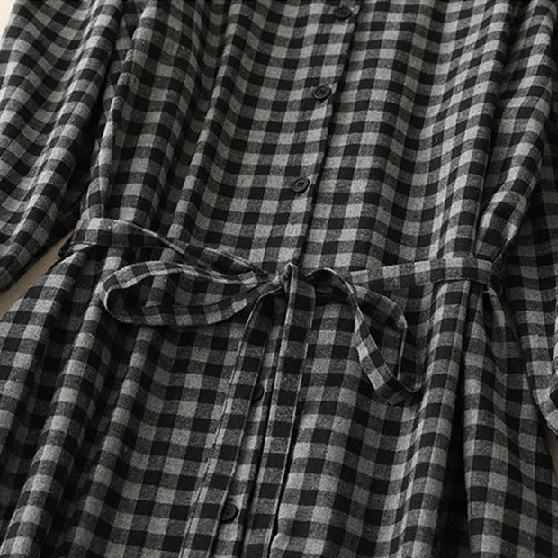 Buddha Stones Black Lace-Up Design Plaid Lapel Cotton Linen Midi Dress With Pockets - image 5