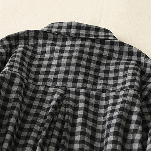 Buddha Stones Black Lace-Up Design Plaid Lapel Cotton Linen Midi Dress With Pockets - image 4