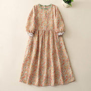 Buddha Stones Casual Floral Lace Crew Neck Balloon Long Sleeve Cotton Linen Midi Dress With Pockets - Khaki - US8-10，UK/AU12-14，EU40-42 (2XL) - image 5