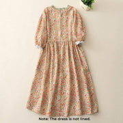Buddha Stones Casual Floral Lace Crew Neck Balloon Long Sleeve Cotton Linen Midi Dress With Pockets - image 6