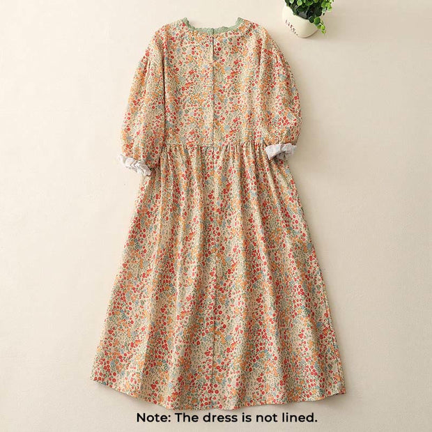 Buddha Stones Casual Floral Lace Crew Neck Balloon Long Sleeve Cotton Linen Midi Dress With Pockets - image 6