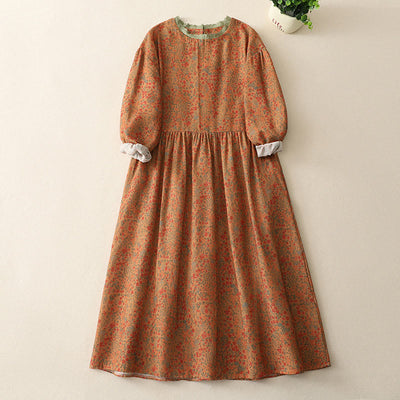 Buddha Stones Casual Floral Lace Crew Neck Balloon Long Sleeve Cotton Linen Midi Dress With Pockets - DarkOrange - US8-10，UK/AU12-14，EU40-42 (2XL) - image 1