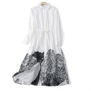 Buddha Stones Printing Irregular Lines Back Lace-up Design Lapel Cotton Midi Dress With Pockets - White - US8-10，UK/AU12-14，EU40-42 (2XL) - image 10