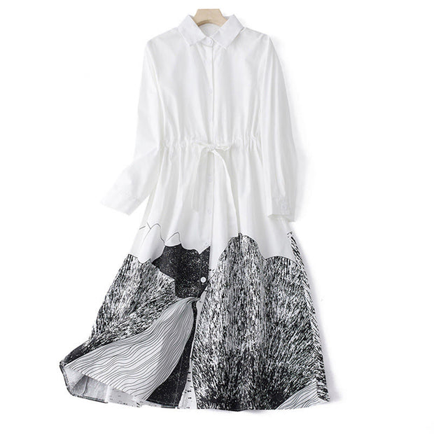 Buddha Stones Printing Irregular Lines Back Lace-up Design Lapel Cotton Midi Dress With Pockets - White - US8-10，UK/AU12-14，EU40-42 (2XL) - image 10