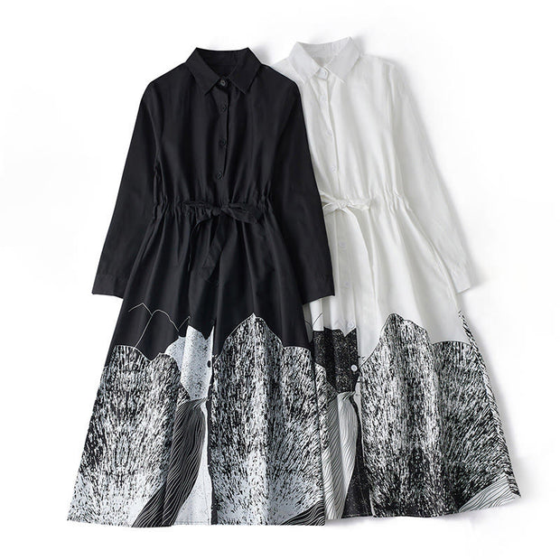 Buddha Stones Printing Irregular Lines Back Lace-up Design Lapel Cotton Midi Dress With Pockets - image 16