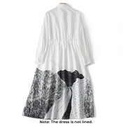 Buddha Stones Printing Irregular Lines Back Lace-up Design Lapel Cotton Midi Dress With Pockets - image 11