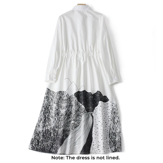 Buddha Stones Printing Irregular Lines Back Lace-up Design Lapel Cotton Midi Dress With Pockets - image 11