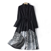 Buddha Stones Printing Irregular Lines Back Lace-up Design Lapel Cotton Midi Dress With Pockets - Black - US8-10，UK/AU12-14，EU40-42 (2XL) - image 1