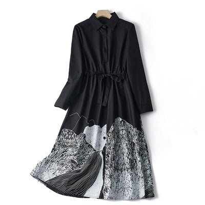 Buddha Stones Printing Irregular Lines Back Lace-up Design Lapel Cotton Midi Dress With Pockets - Black - US8-10，UK/AU12-14，EU40-42 (2XL) - image 1