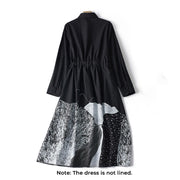 Buddha Stones Printing Irregular Lines Back Lace-up Design Lapel Cotton Midi Dress With Pockets - image 2
