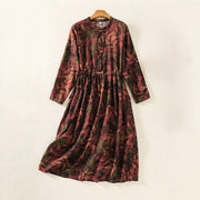 Buddha Stones Casual Printing Drawstring Chinese Frog-Button Cotton Linen Midi Dress With Pockets - Brown - US8-10，UK/AU12-14，EU40-42 (2XL) - image 9