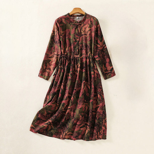 Buddha Stones Casual Printing Drawstring Chinese Frog-Button Cotton Linen Midi Dress With Pockets - Brown - US8-10，UK/AU12-14，EU40-42 (2XL) - image 9
