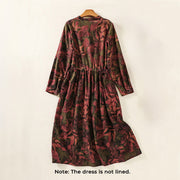 Buddha Stones Casual Printing Drawstring Chinese Frog-Button Cotton Linen Midi Dress With Pockets - image 10