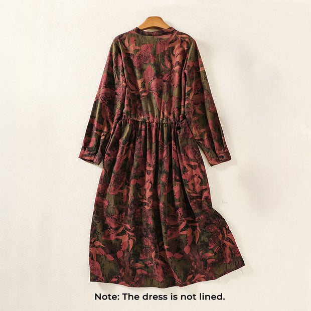 Buddha Stones Casual Printing Drawstring Chinese Frog-Button Cotton Linen Midi Dress With Pockets - image 10