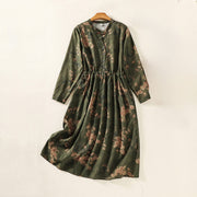 Buddha Stones Casual Printing Drawstring Chinese Frog-Button Cotton Linen Midi Dress With Pockets - DarkOliveGreen - US8-10，UK/AU12-14，EU40-42 (2XL) - image 1