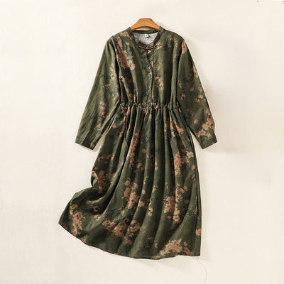 Buddha Stones Casual Printing Drawstring Chinese Frog-Button Cotton Linen Midi Dress With Pockets - DarkOliveGreen - US8-10，UK/AU12-14，EU40-42 (2XL) - image 1