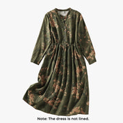 Buddha Stones Casual Printing Drawstring Chinese Frog-Button Cotton Linen Midi Dress With Pockets - image 2