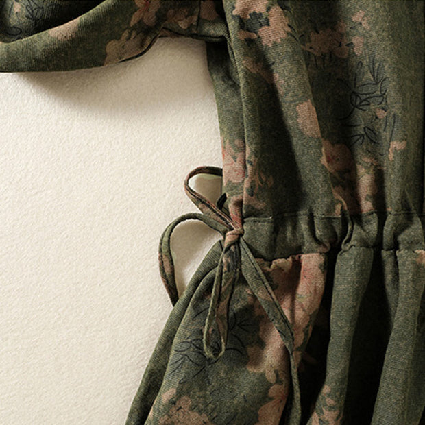 Buddha Stones Casual Printing Drawstring Chinese Frog-Button Cotton Linen Midi Dress With Pockets - image 6