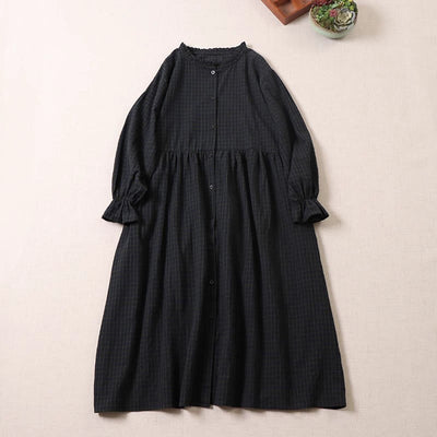 Buddha Stones Casual Plaid Simple Buttons Ruffled Design Cotton Linen Midi Dress With Pockets - Black White Plaid - US8-10，UK/AU12-14，EU40-42 (2XL) - image 1