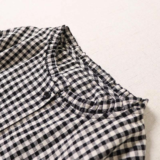 Buddha Stones Casual Plaid Simple Buttons Ruffled Design Cotton Linen Midi Dress With Pockets - image 12