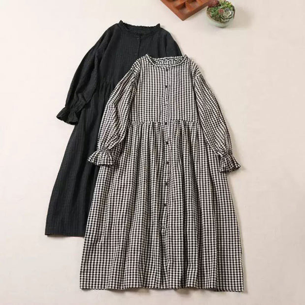 Buddha Stones Casual Plaid Simple Buttons Ruffled Design Cotton Linen Midi Dress With Pockets - image 21