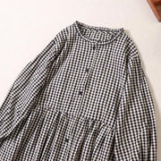 Buddha Stones Casual Plaid Simple Buttons Ruffled Design Cotton Linen Midi Dress With Pockets - image 9