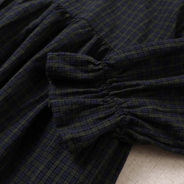 Buddha Stones Casual Plaid Simple Buttons Ruffled Design Cotton Linen Midi Dress With Pockets - image 6