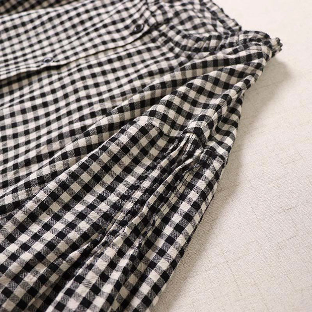 Buddha Stones Casual Plaid Simple Buttons Ruffled Design Cotton Linen Midi Dress With Pockets - image 14