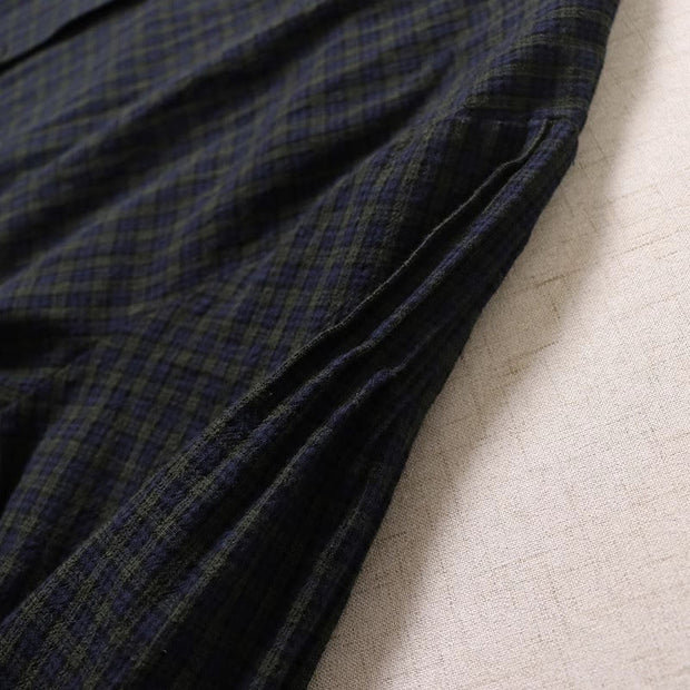 Buddha Stones Casual Plaid Simple Buttons Ruffled Design Cotton Linen Midi Dress With Pockets - image 5