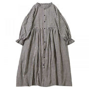 Buddha Stones Casual Plaid Simple Buttons Ruffled Design Cotton Linen Midi Dress With Pockets - image 20