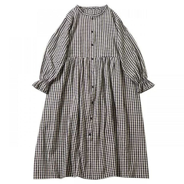 Buddha Stones Casual Plaid Simple Buttons Ruffled Design Cotton Linen Midi Dress With Pockets - image 20