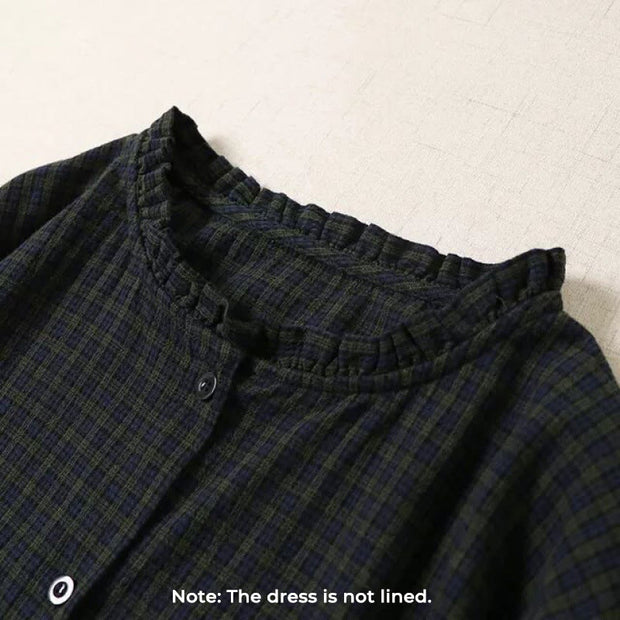 Buddha Stones Casual Plaid Simple Buttons Ruffled Design Cotton Linen Midi Dress With Pockets - image 2