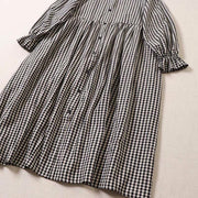 Buddha Stones Casual Plaid Simple Buttons Ruffled Design Cotton Linen Midi Dress With Pockets - image 11