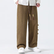 Buddha Stones Plain Drawstring Chinese Frog-Button Design Men's Corduroy Pants With Pockets - image 8