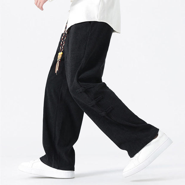 Buddha Stones Plain Drawstring Chinese Frog-Button Design Men's Corduroy Pants With Pockets - image 17