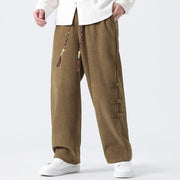 Buddha Stones Plain Drawstring Chinese Frog-Button Design Men's Corduroy Pants With Pockets - image 5