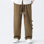 Buddha Stones Plain Drawstring Chinese Frog-Button Design Men's Corduroy Pants With Pockets - image 9