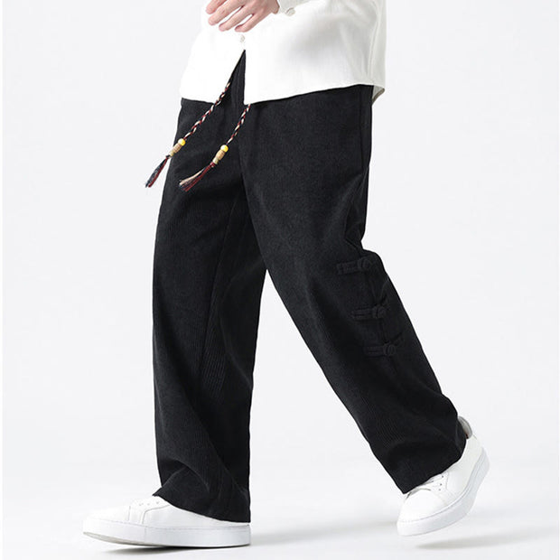 Buddha Stones Plain Drawstring Chinese Frog-Button Design Men's Corduroy Pants With Pockets - image 20