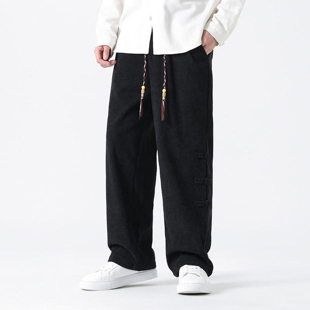 Buddha Stones Plain Drawstring Chinese Frog-Button Design Men's Corduroy Pants With Pockets - Black - US/UK/AU48，EU58(5XL) - image 12