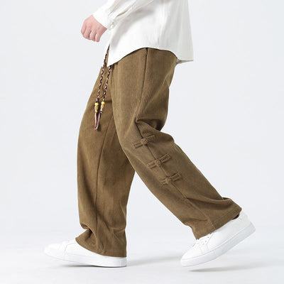 Buddha Stones Plain Drawstring Chinese Frog-Button Design Men's Corduroy Pants With Pockets - DarkGoldenrod - US/UK/AU48，EU58(5XL) - image 1