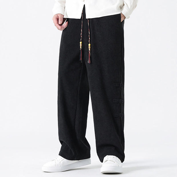 Buddha Stones Plain Drawstring Chinese Frog-Button Design Men's Corduroy Pants With Pockets - image 15